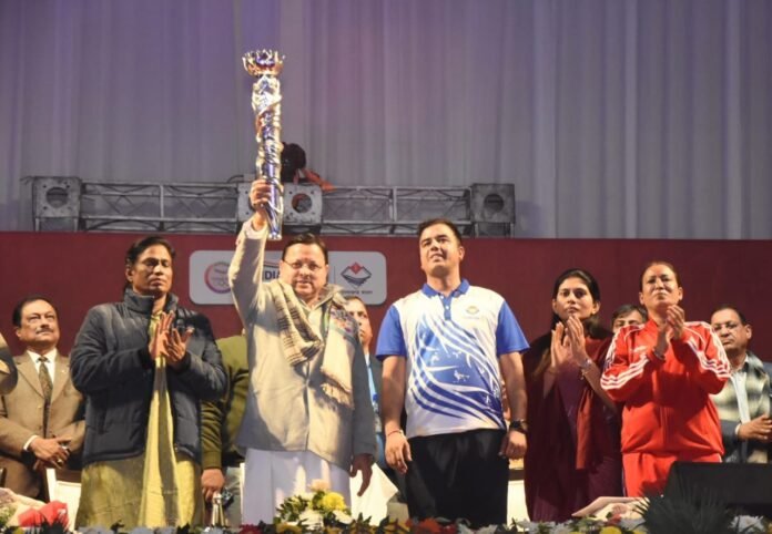 38वें राष्ट्रीय खेलों के शुभंकर, एंथम और लोगो का भव्य शुभारंभ,पी टी उषा,धामी और केंद्रीय राज्य खेल मंत्री रहीं मौजूद